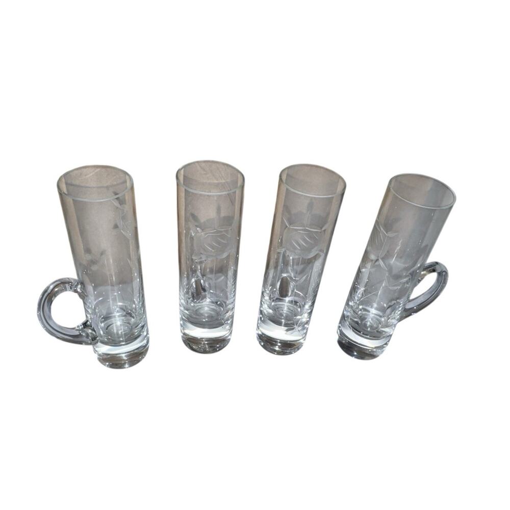 Vintage Etched Cordial Glasses Floral Leaf Design Set of 4 Small Handled Barware